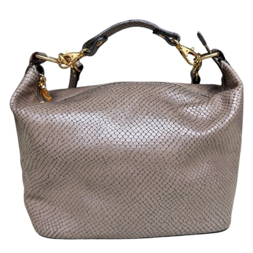 Vintage Metallic Taupe Snake-Embossed Leather Crossbody Bag